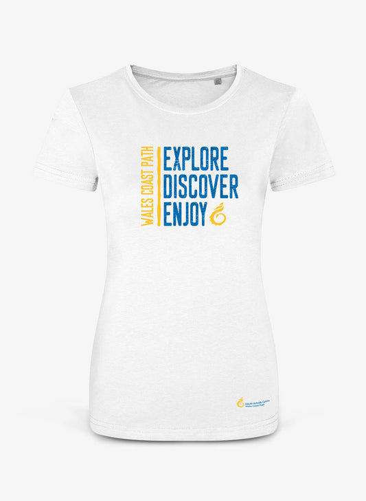 Wales Coast Path White Explore Discover Enjoy women's fitted t-shirt