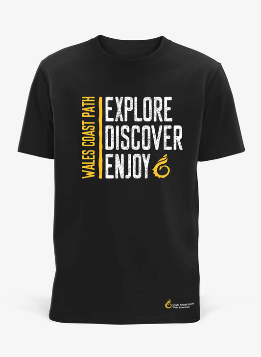 Black Explore Discover Enjoy t-shirt - Wales Coast Path