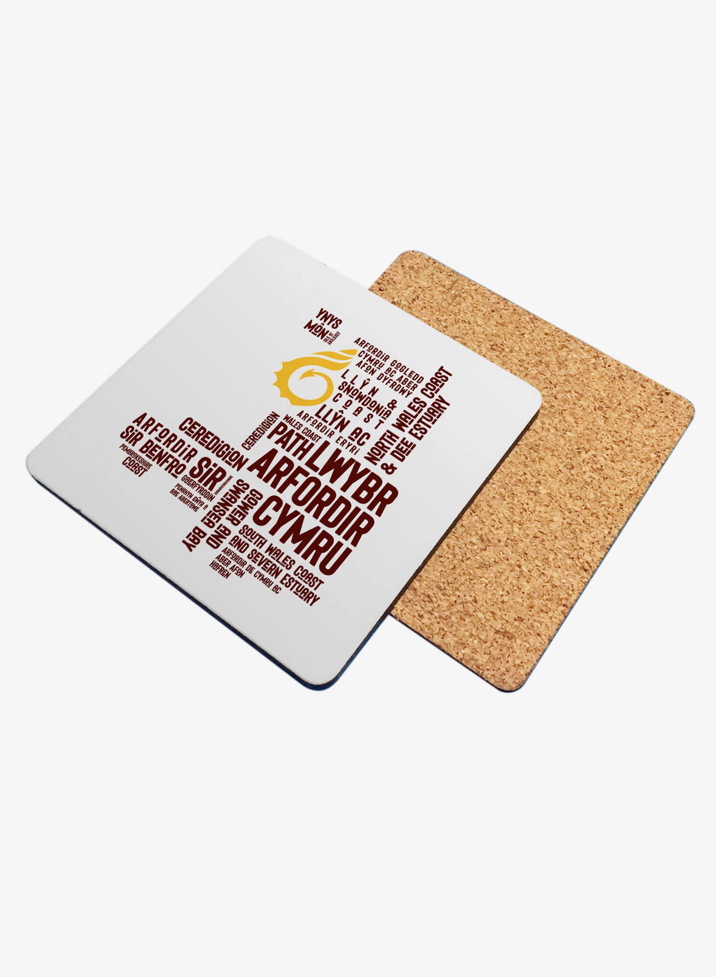 Hardwood glossy coaster with cork backing featuring place names from the Wales Coast Path