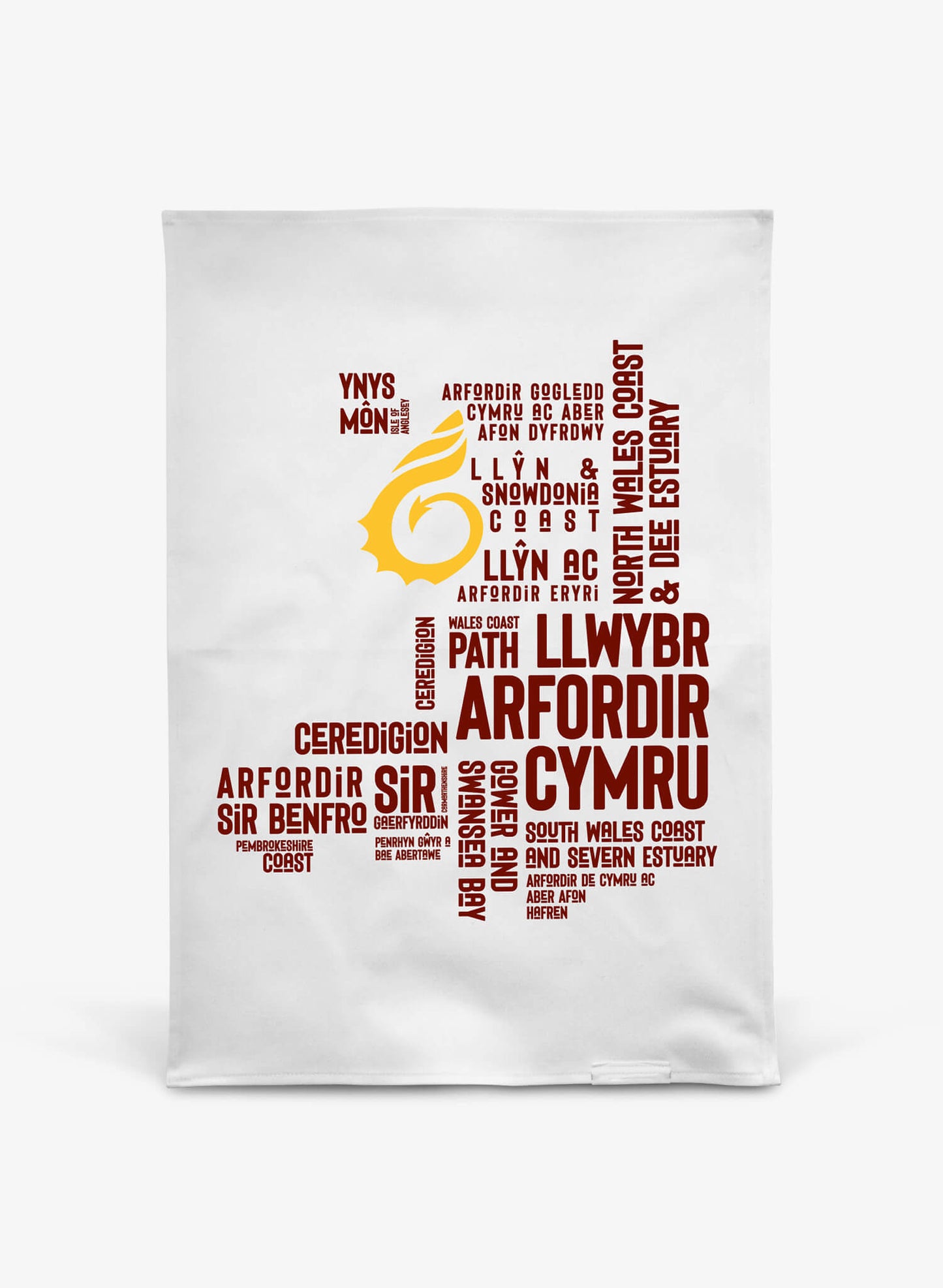 White cotton tea towel featuring place names from the Wales Coast Path.