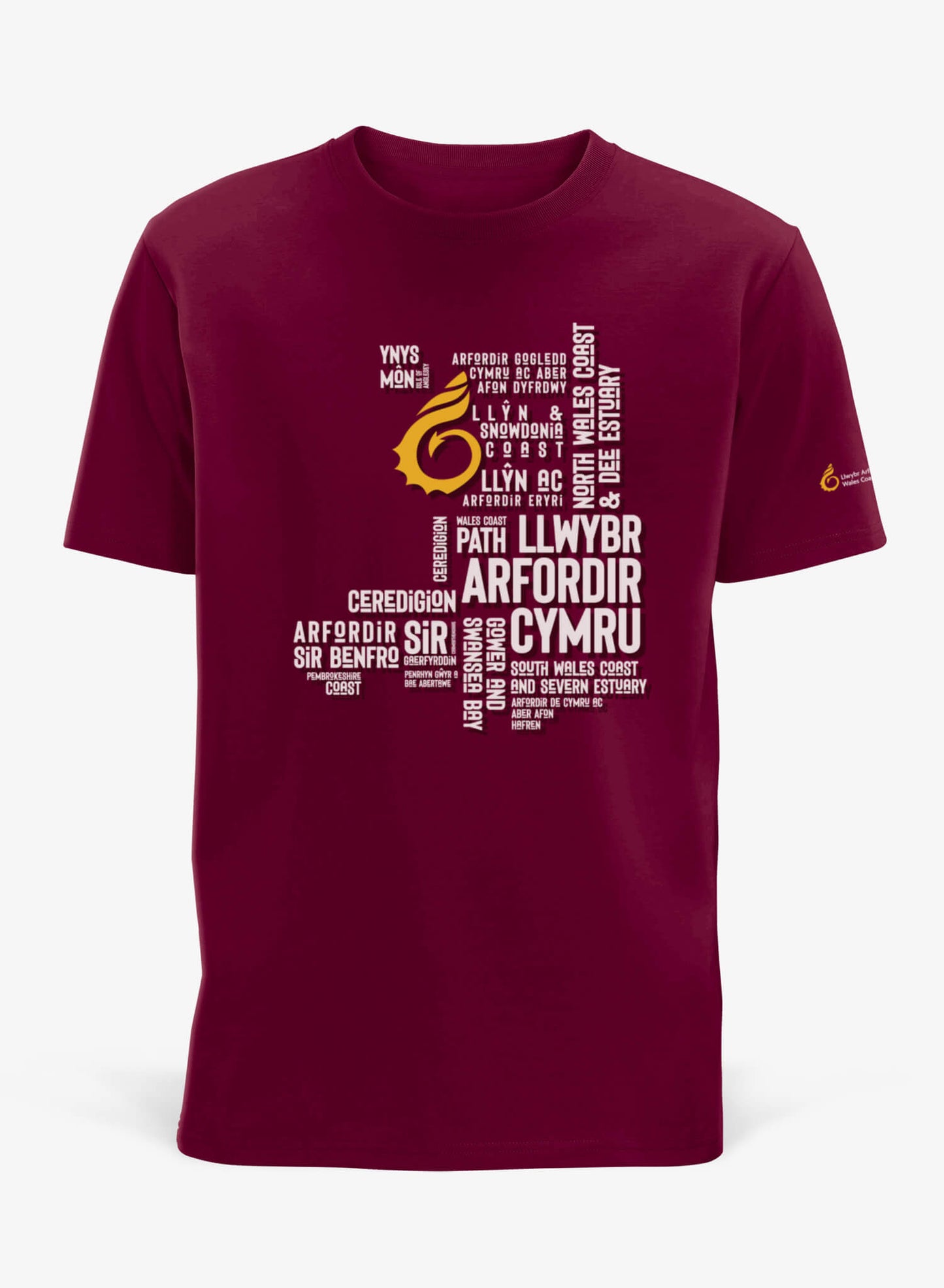 Burgundy unisex t-shirt featuring place names from the Wales Coast Path.