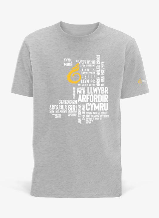 Grey unisex t-shirt featuring place names from the Wales Coast Path.