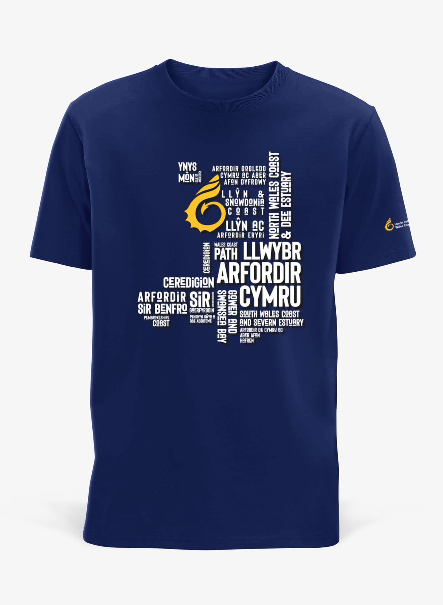 Navy unisex t-shirt featuring place names from the Wales Coast Path.