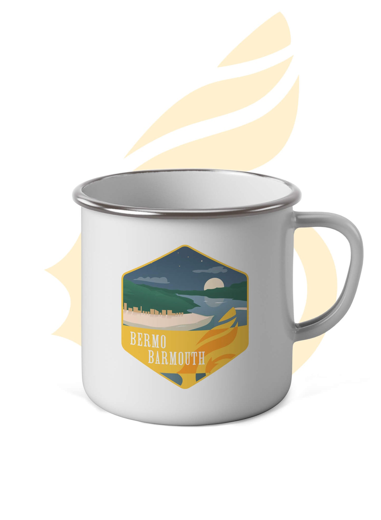 White enamel mug with stainless steel rim and Wales coast Path Barmouth design