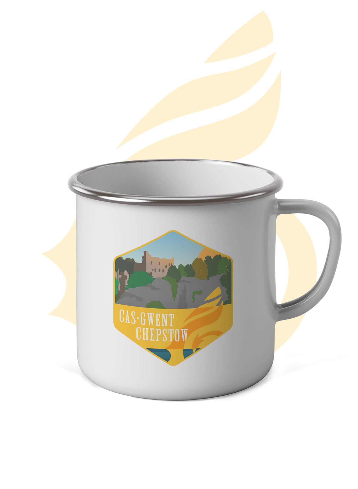 White enamel mug with stainless steel rim and Wales Coast Path Chepstow design