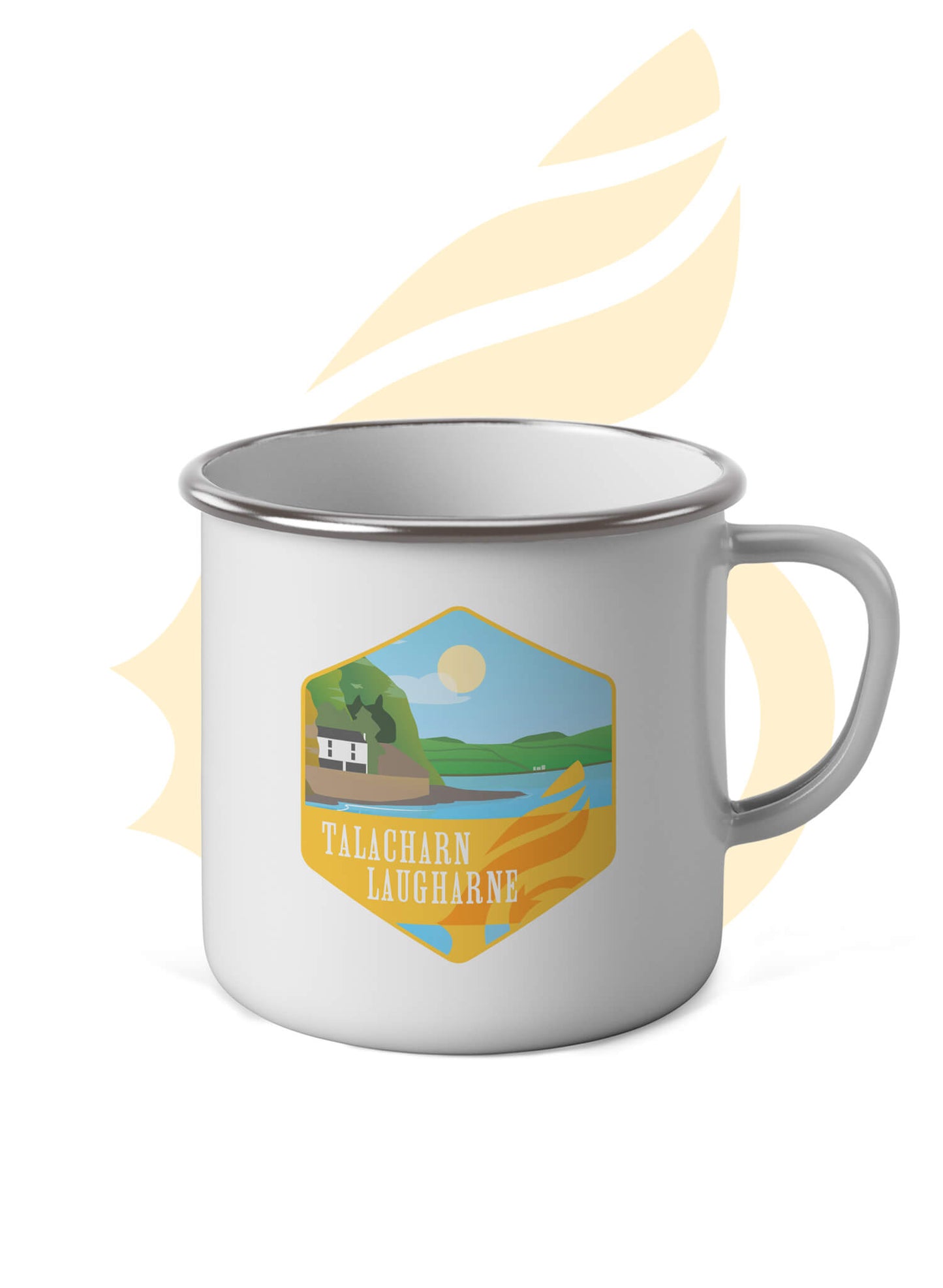 Wales Coast Path white enamel mug with stainless steel rim and Laugharne design.