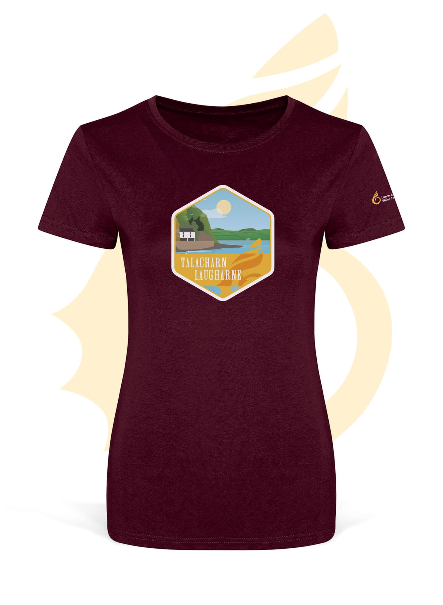 Burgundy Wales Coast Path womens fitted t-shirt with Laugharne design.