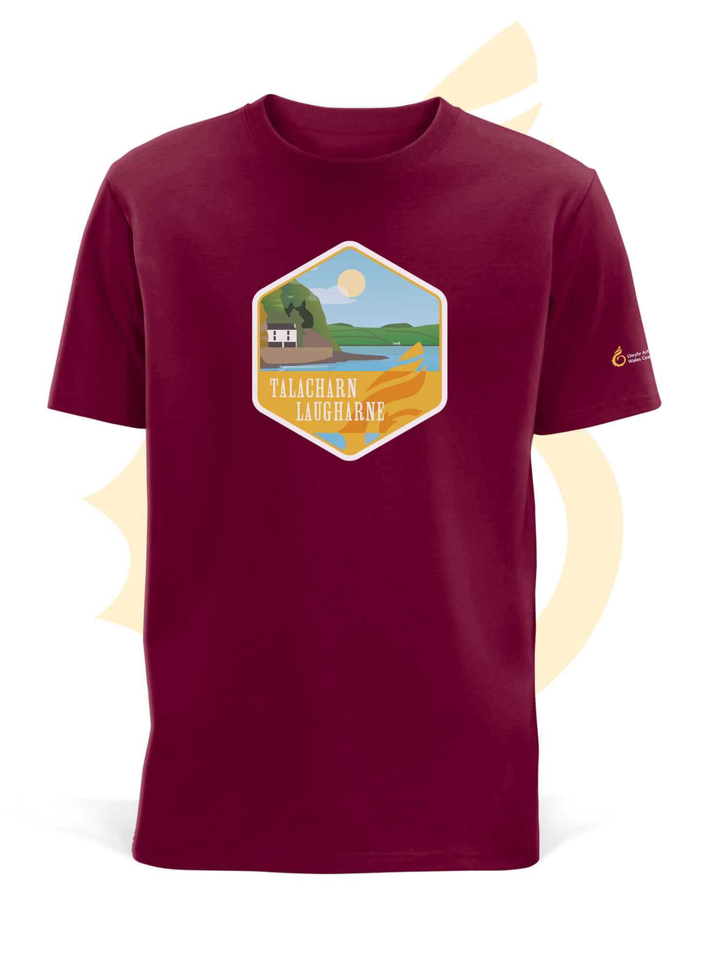 Burgundy Wales Coast Path Organic T-Shirt with Laugharne design.