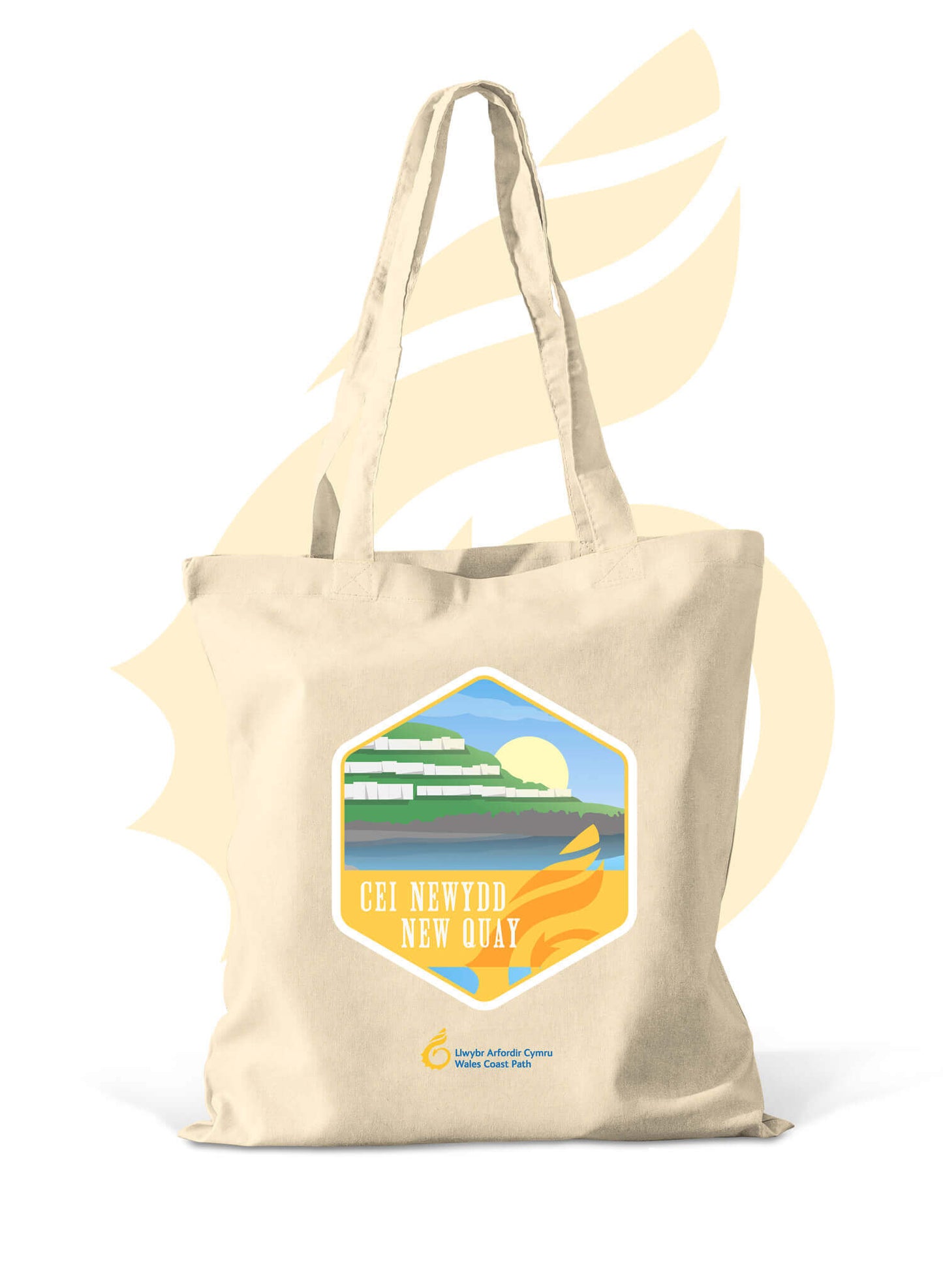 Wales Coast Path natural cotton shopper bag with New Quay design.