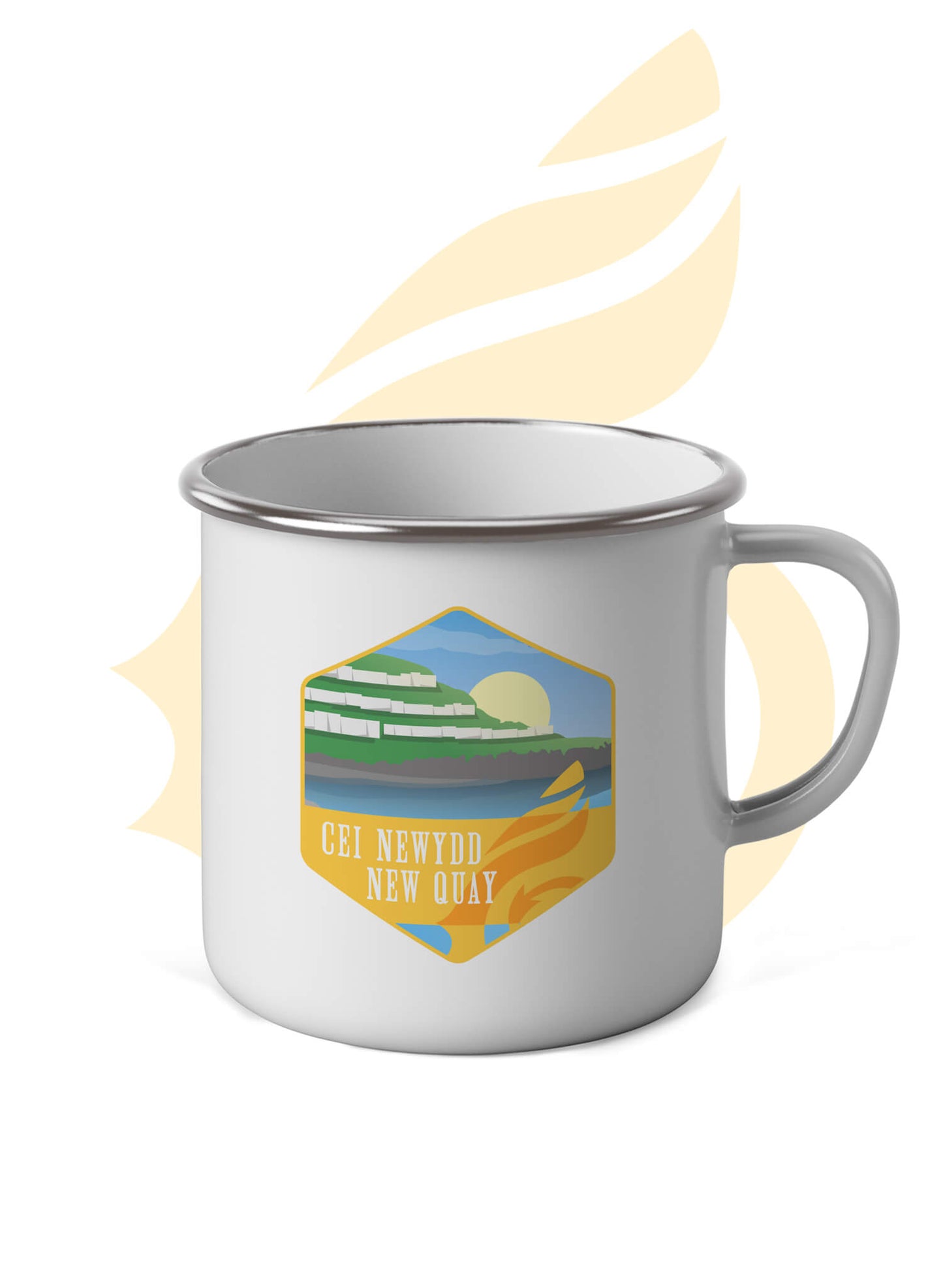 Wales Coast Path white enamel mug with stainless steel rim and New Quay design