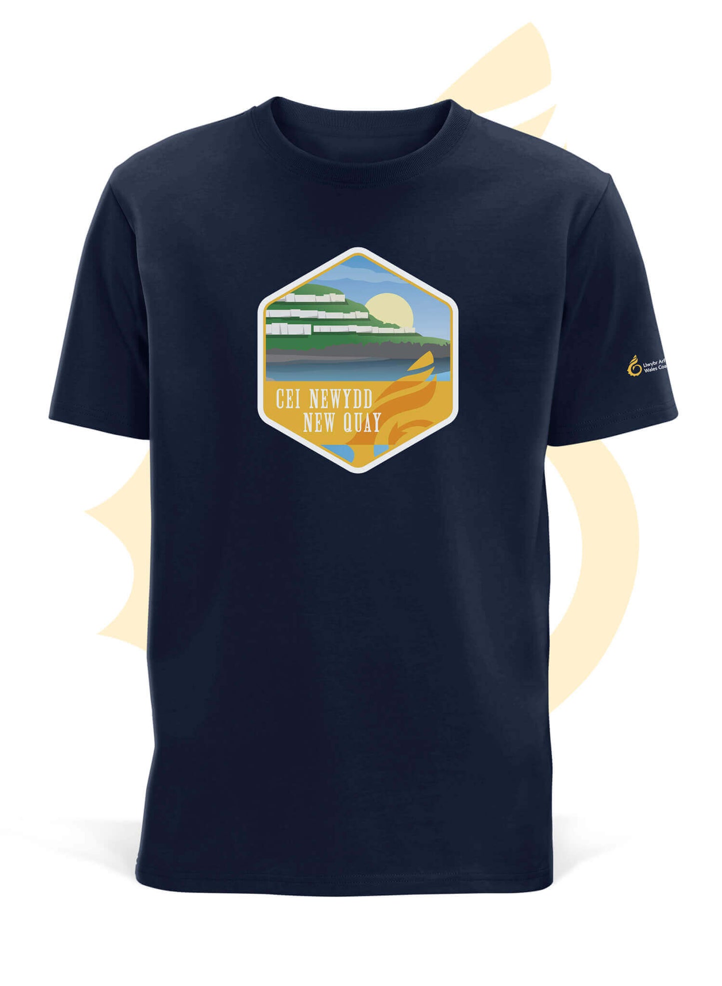 Wales Coast Path navy organic t-shirt with New Quay design.