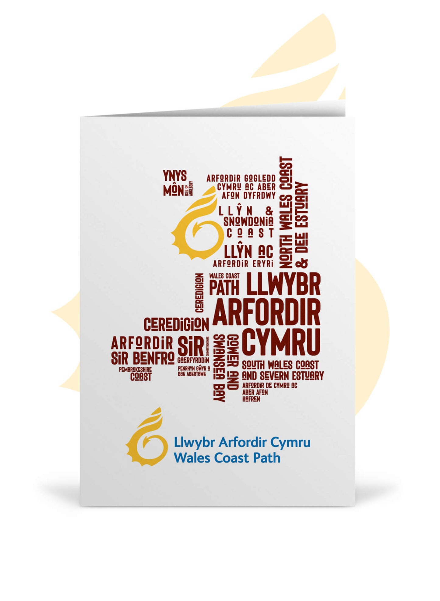 A5 greetings card featuring place names from the Wales Coast Path. Supplied with white envelope.