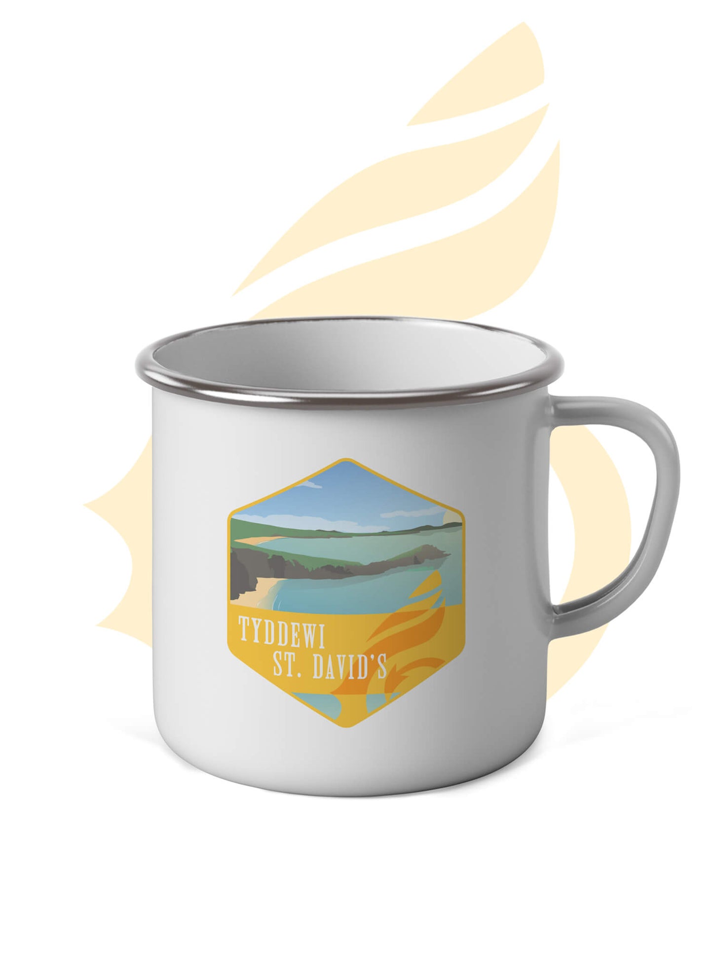 Wales Coast Path white enamel mug with St. David's design.