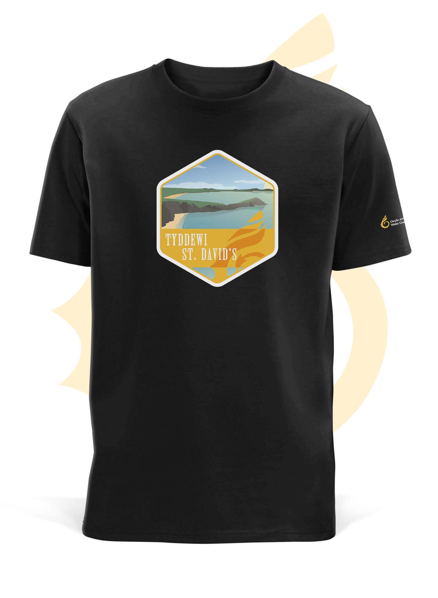 Wales Coast Path black organic cotton t-shirt with St. David's design.