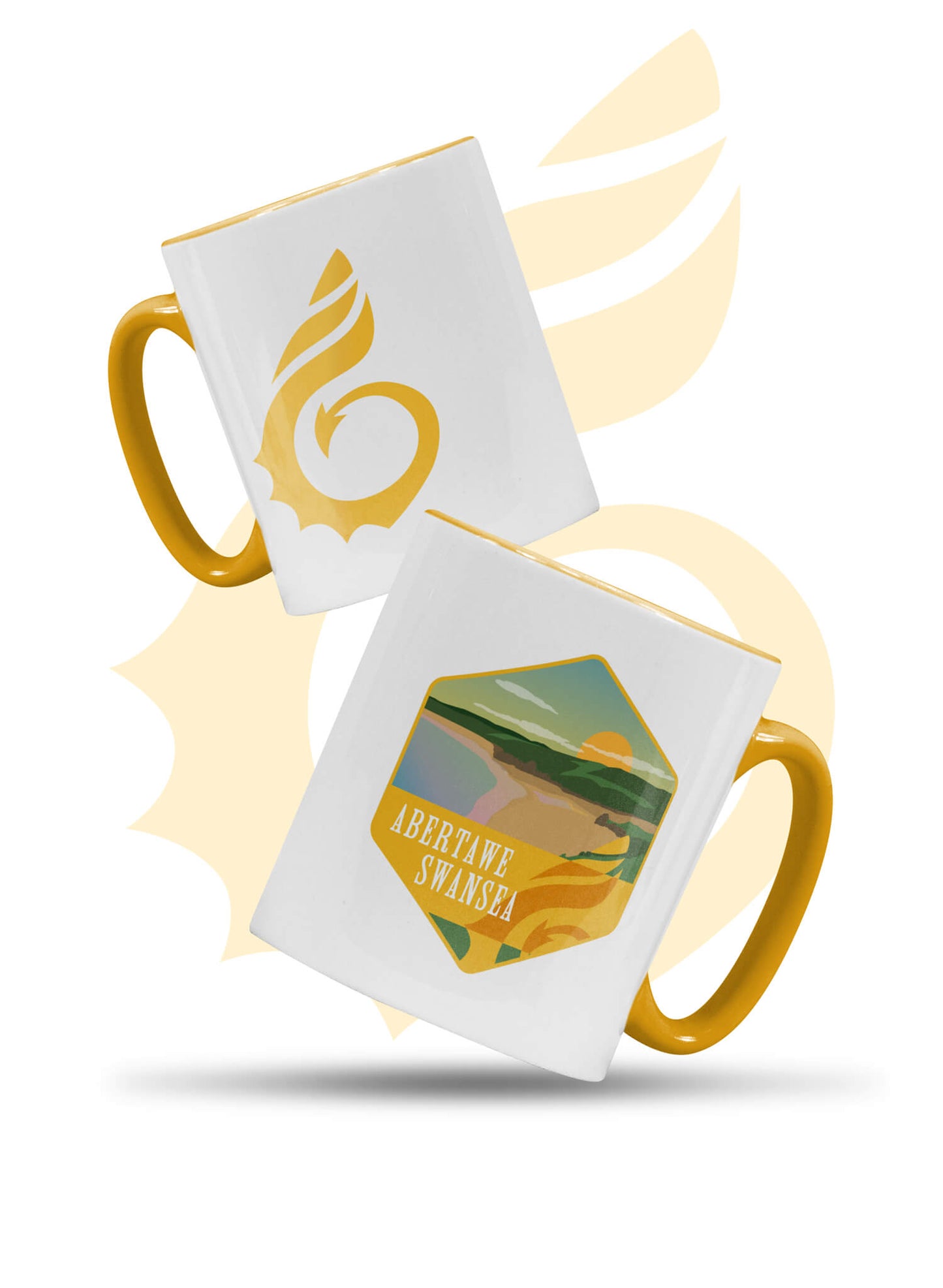 Wales Coast Path ceramic tea or coffee mug with Swansea design. White with gold inner, rim and handle.
