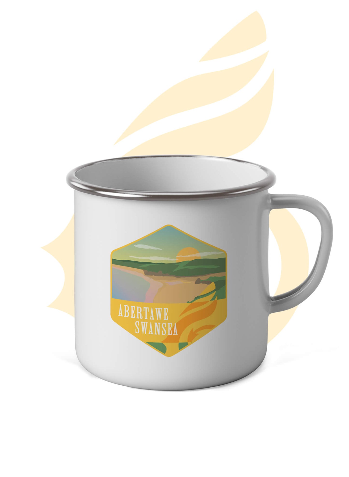 Wales Coast Path white enamel mug with stainless steel rim and Swansea design.