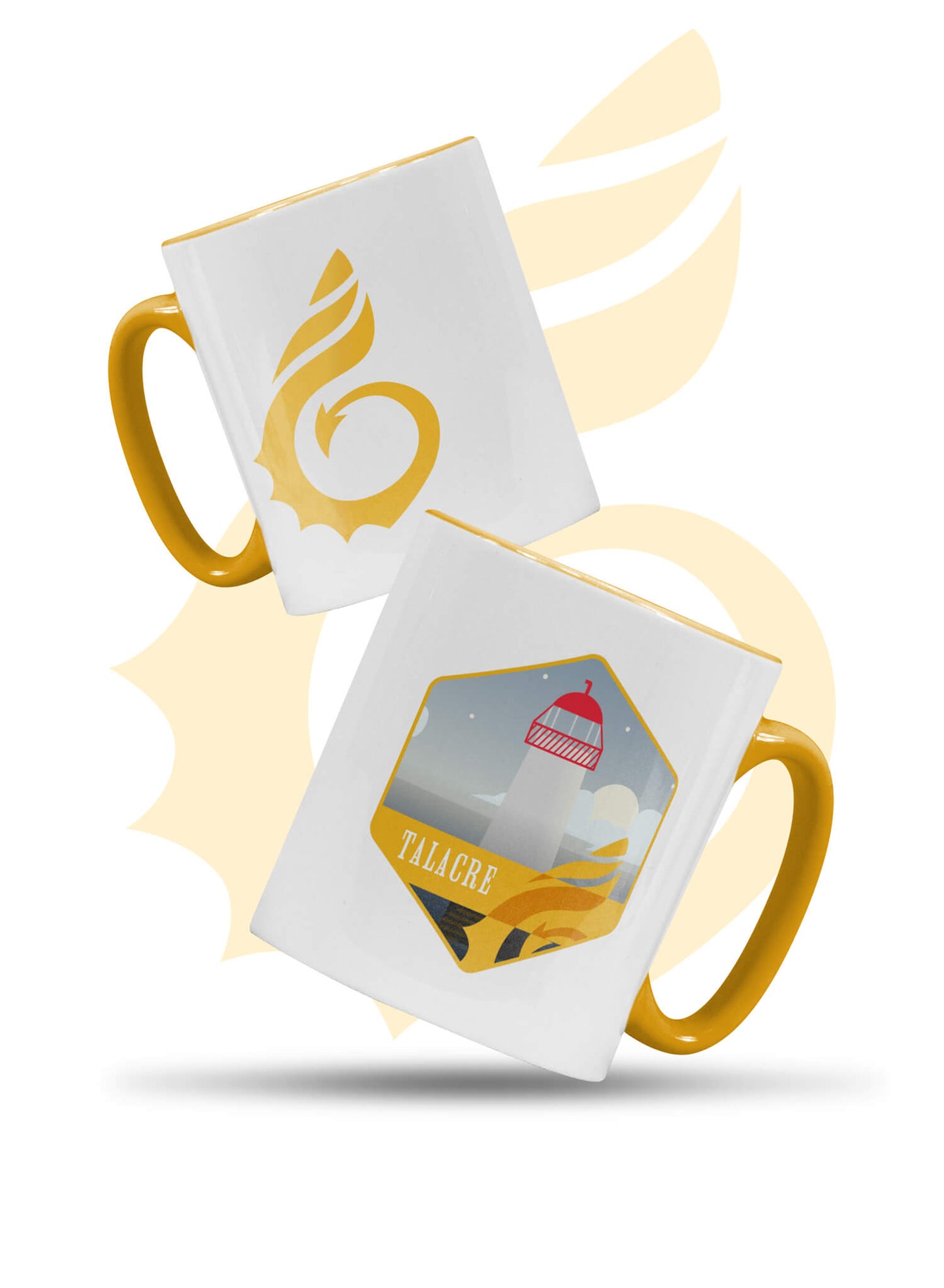 Wales Coast Path ceramic tea or coffee mug with Talacre design. White with gold inner, rim and handle.