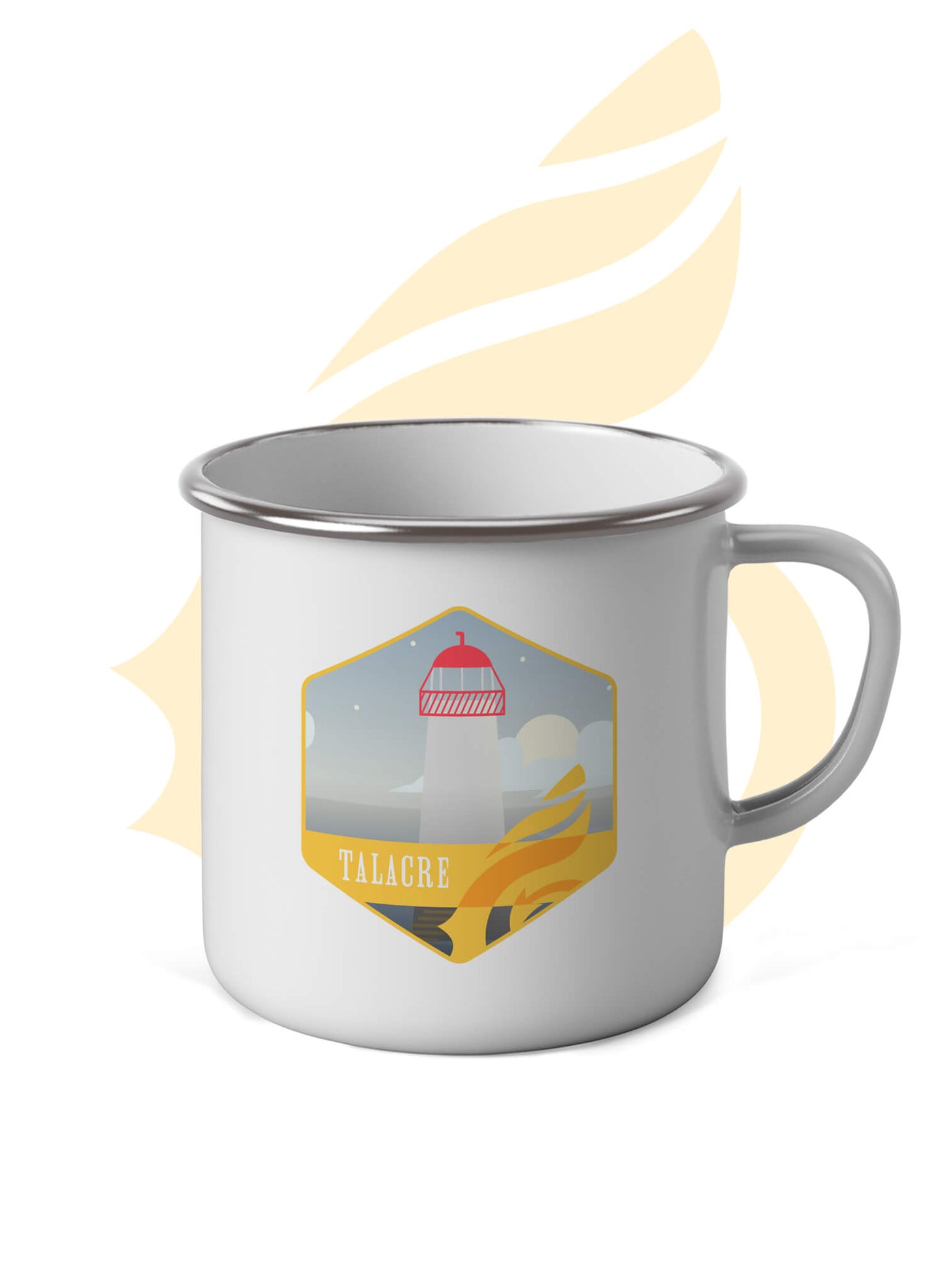 Wales Coast Path white enamel mug with stainless steel rim and Talacre design.