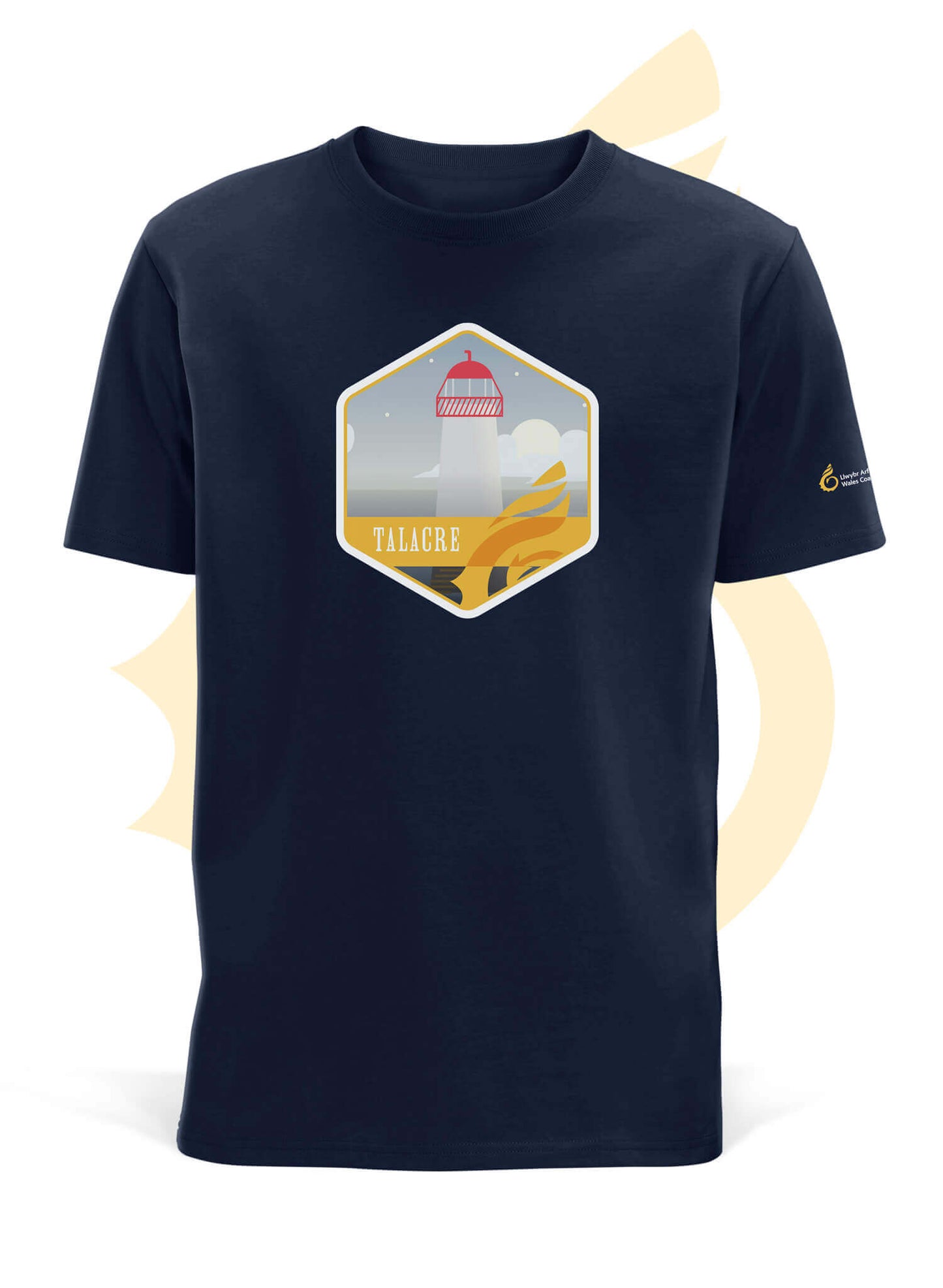 Wales Coast Path navy organic cotton t-shirt with Talacre design.