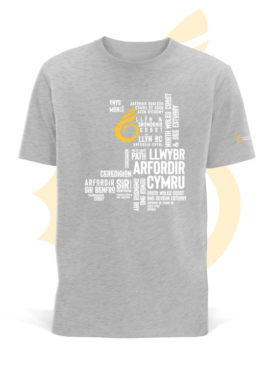 Grey unisex t-shirt featuring place names from the Wales Coast Path.