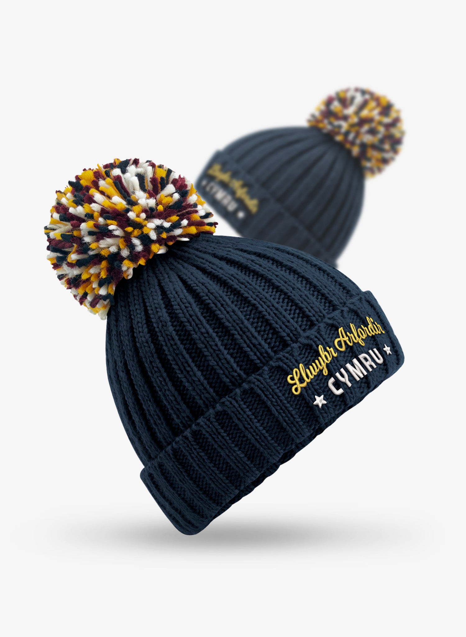 Welsh embroidered navy Wales Coast Path chunky knitted beanie with cuffed design and multi-coloured pom pom.