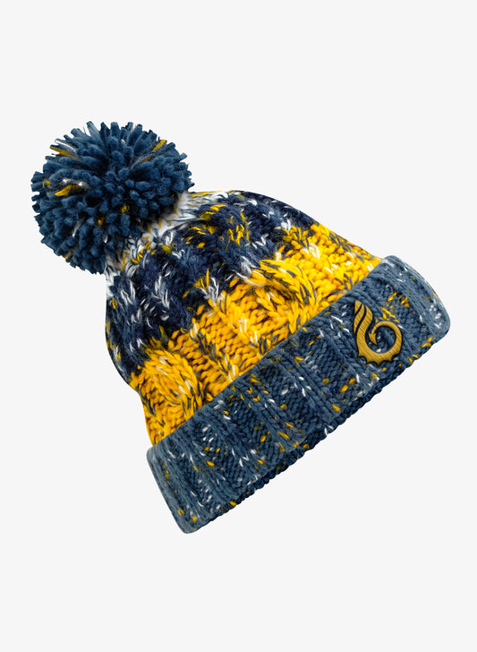 Navy and Mustard Chunky Knit Beanie with pom pom - Wales Coast Path