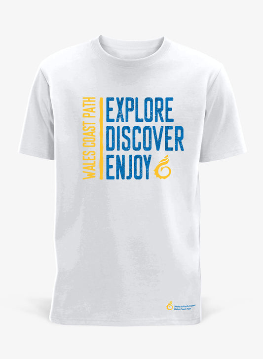 White Explore Discover Enjoy t-shirt - Wales Coast Path