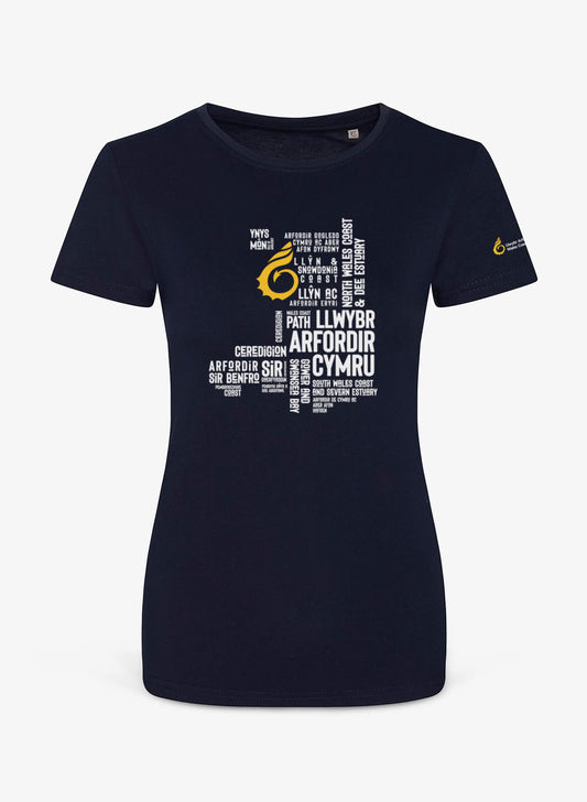 Navy fitted t-shirt featuring place names from the Wales Coast Path.
