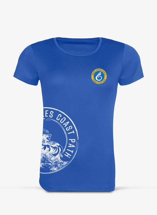 Quick drying royal blue fitted performance t-shirt with Wales Coast Path surf active design.