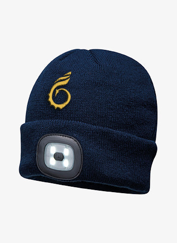 Navy Wales Coast Path beanie with LED head torch