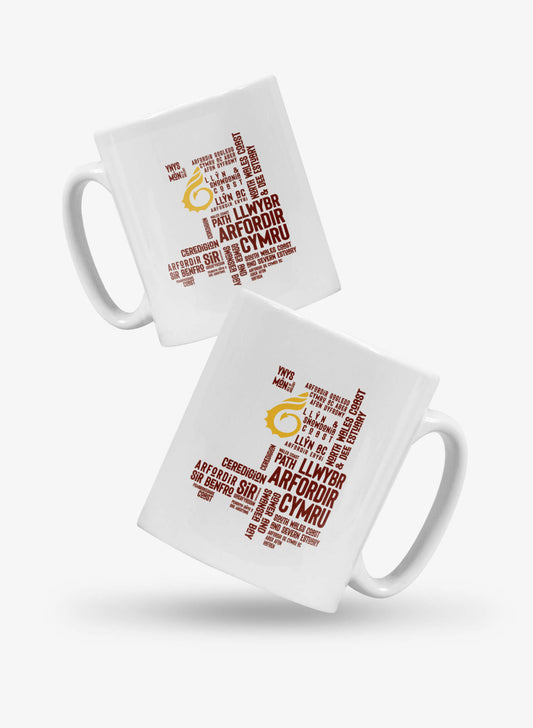 White ceramic mug featuring place names from along the Wales Coast path