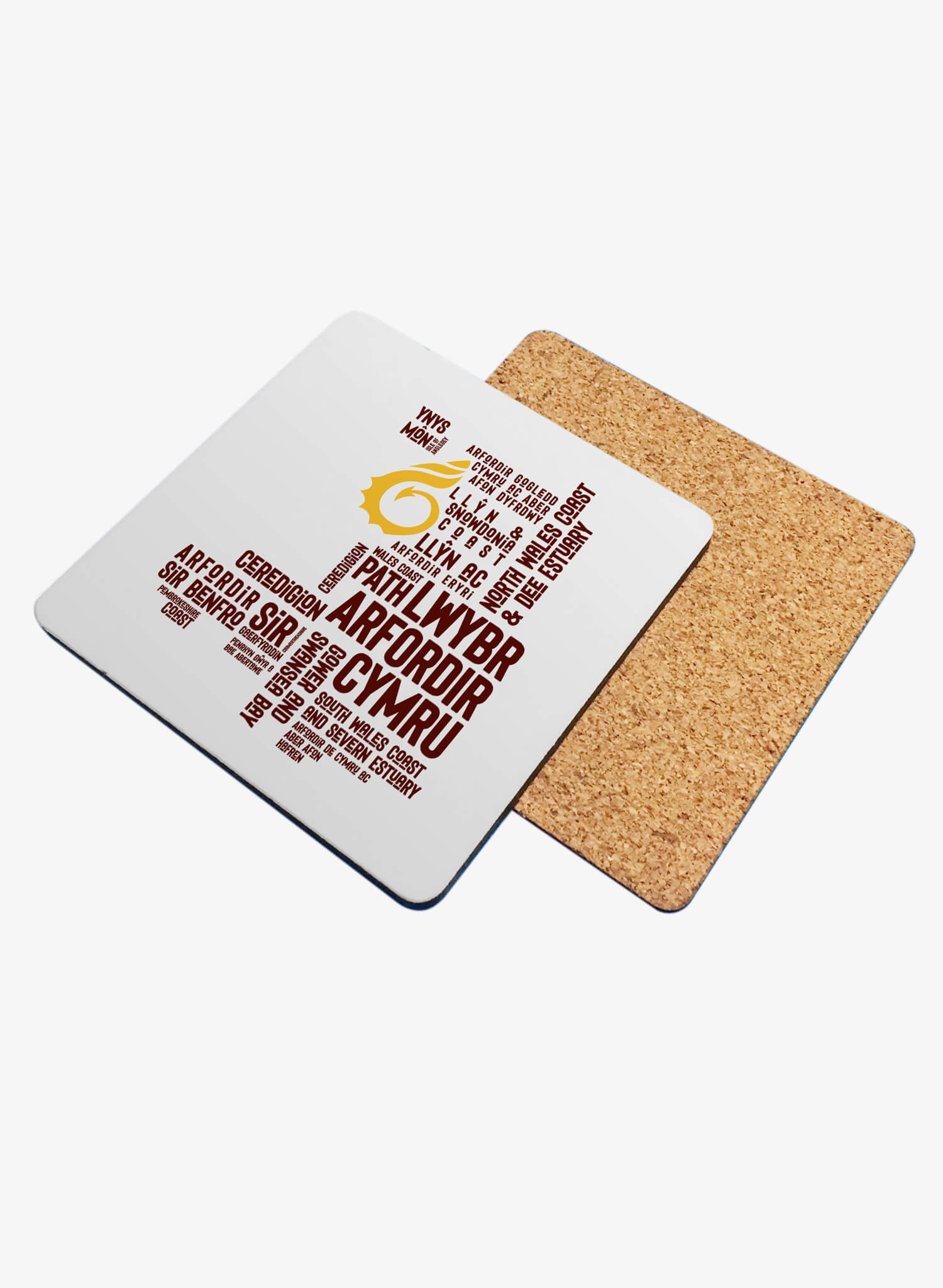 Hardwood glossy coaster with cork backing featuring place names from the Wales Coast Path