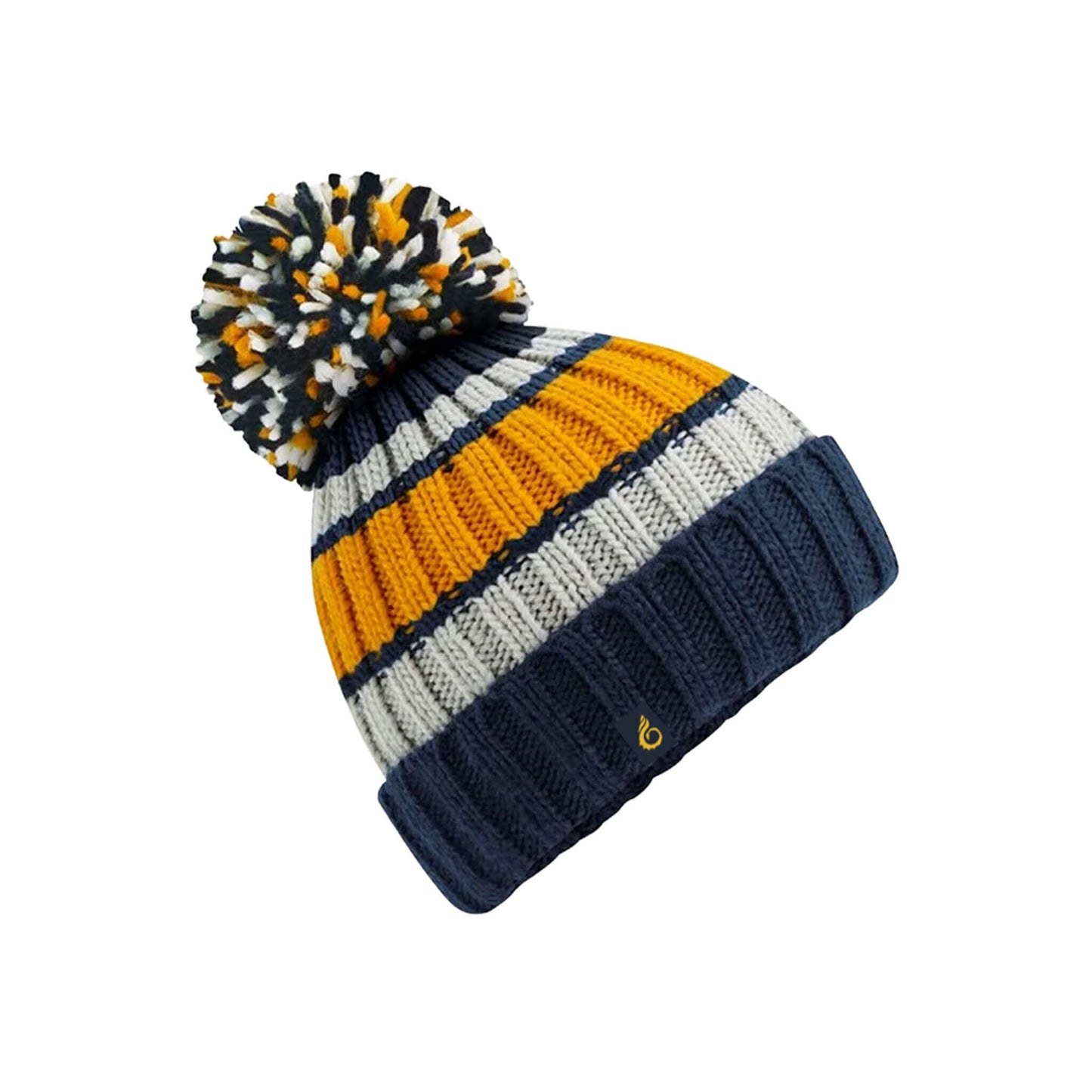 Striped Pom Pom Beanie - Navy/Mustard/White