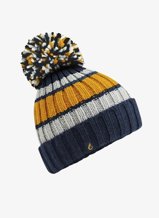 Striped Pom Pom Beanie - Navy/Mustard/White