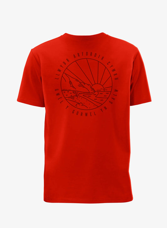 Explore More Outline T-Shirt | Red | Welsh | Back | Wales Coast Path