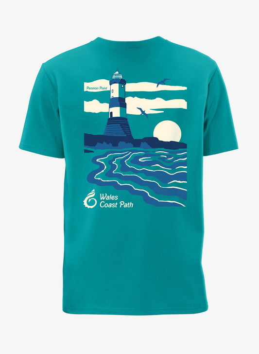 Lighthouse T-Shirt - Teal - Back - Wales Coast Path