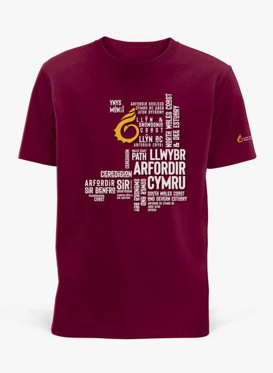 Burgundy unisex t-shirt featuring place names from the Wales Coast Path.