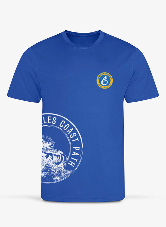 Quick drying royal blue performance t-shirt with Wales Coast Path surf active design.