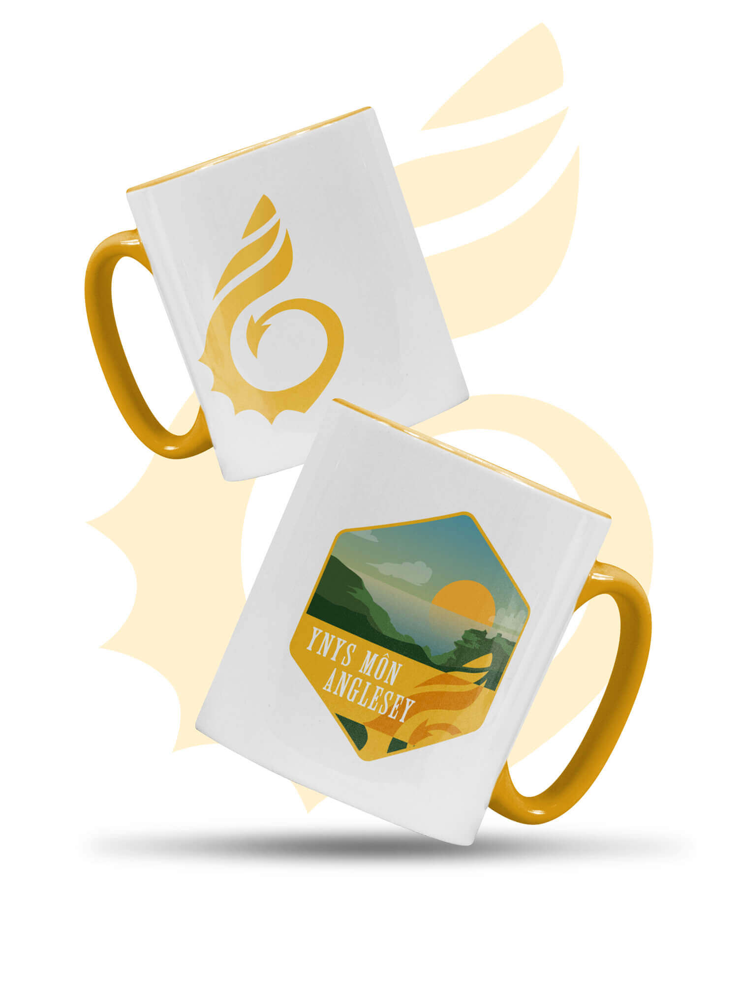 Anglesey design ceramic tea or coffee mug with yellow inner lip and handle.