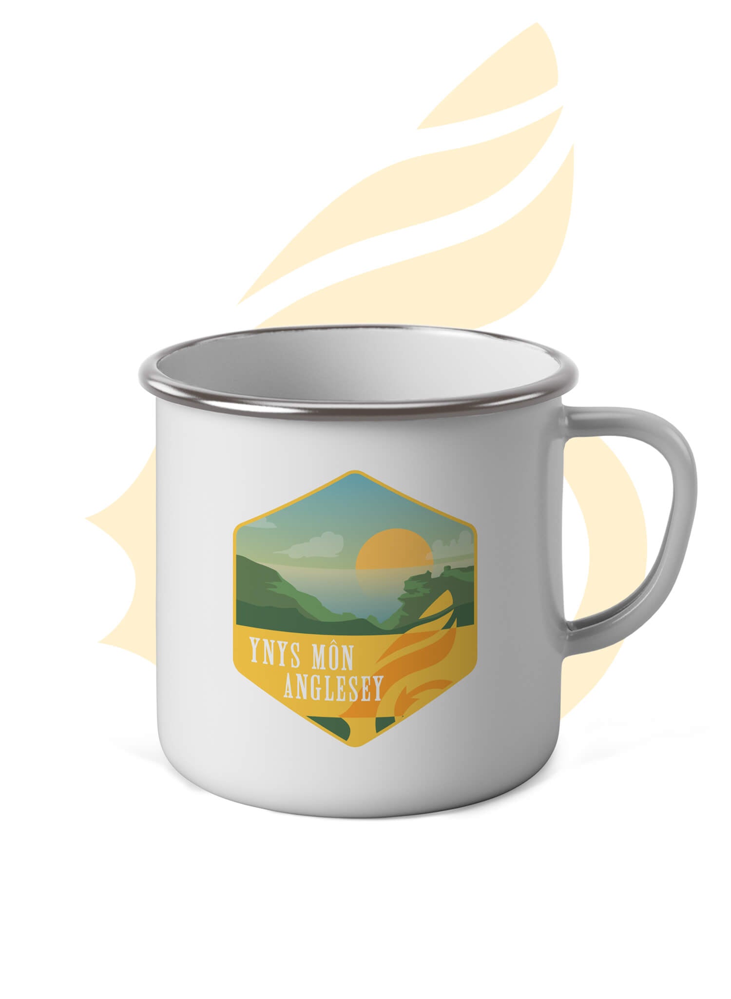 White enamel mug with Wales Coast Path Anglesey graphic