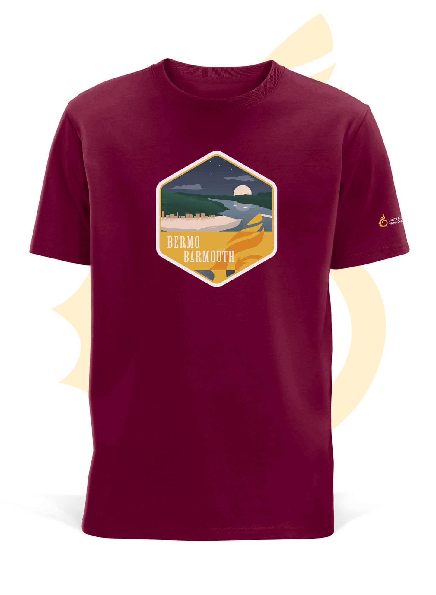 Wales Coast Path burgundy organic cotton t-shirt with Barmouth design