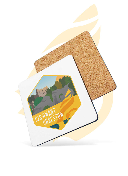 Wales Coast Path glossy hardwood drinks coaster with chepstow design