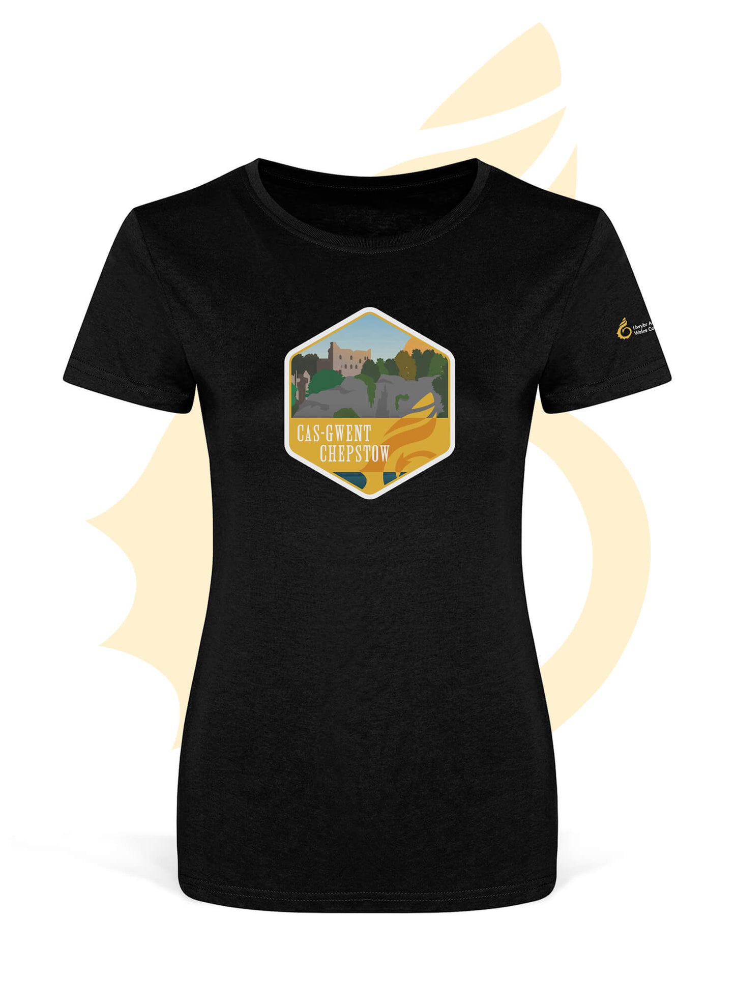 Black womens fitted t-shirt with Wales Coast Path Chepstow design.