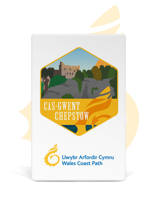 White ceramic fridge magnet with Wales Coast Path Chepstow design.