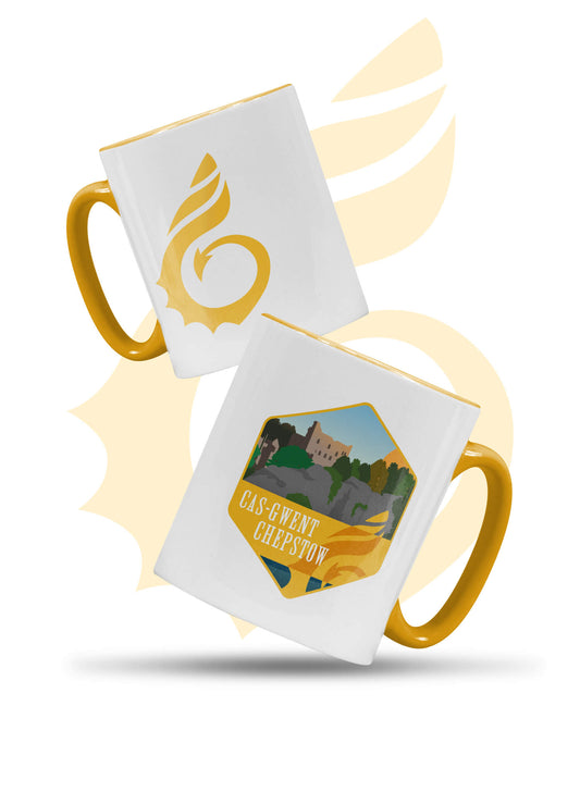 Wales Coast Path ceramic tea or coffee mug with Chepstow Castle design. White with gold inner, rim and handle.