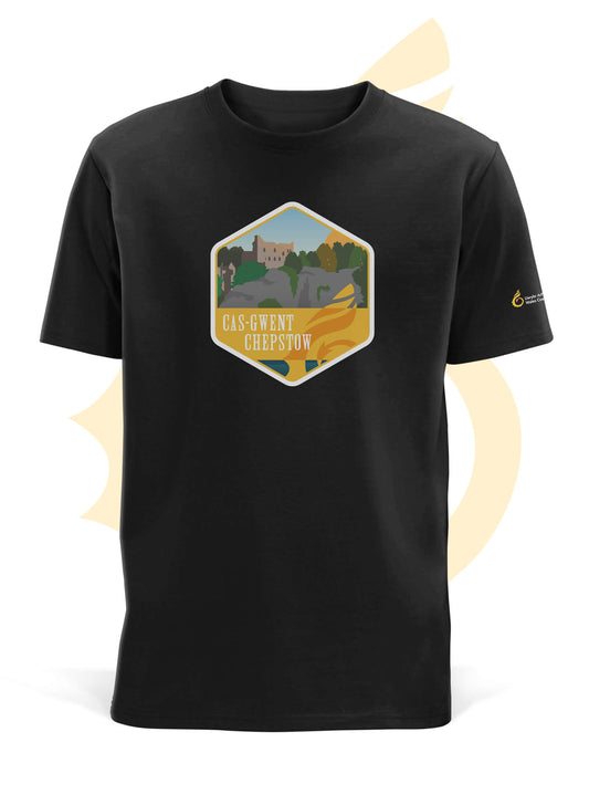 Black t-shirt with Wales Coast Path Chepstow design