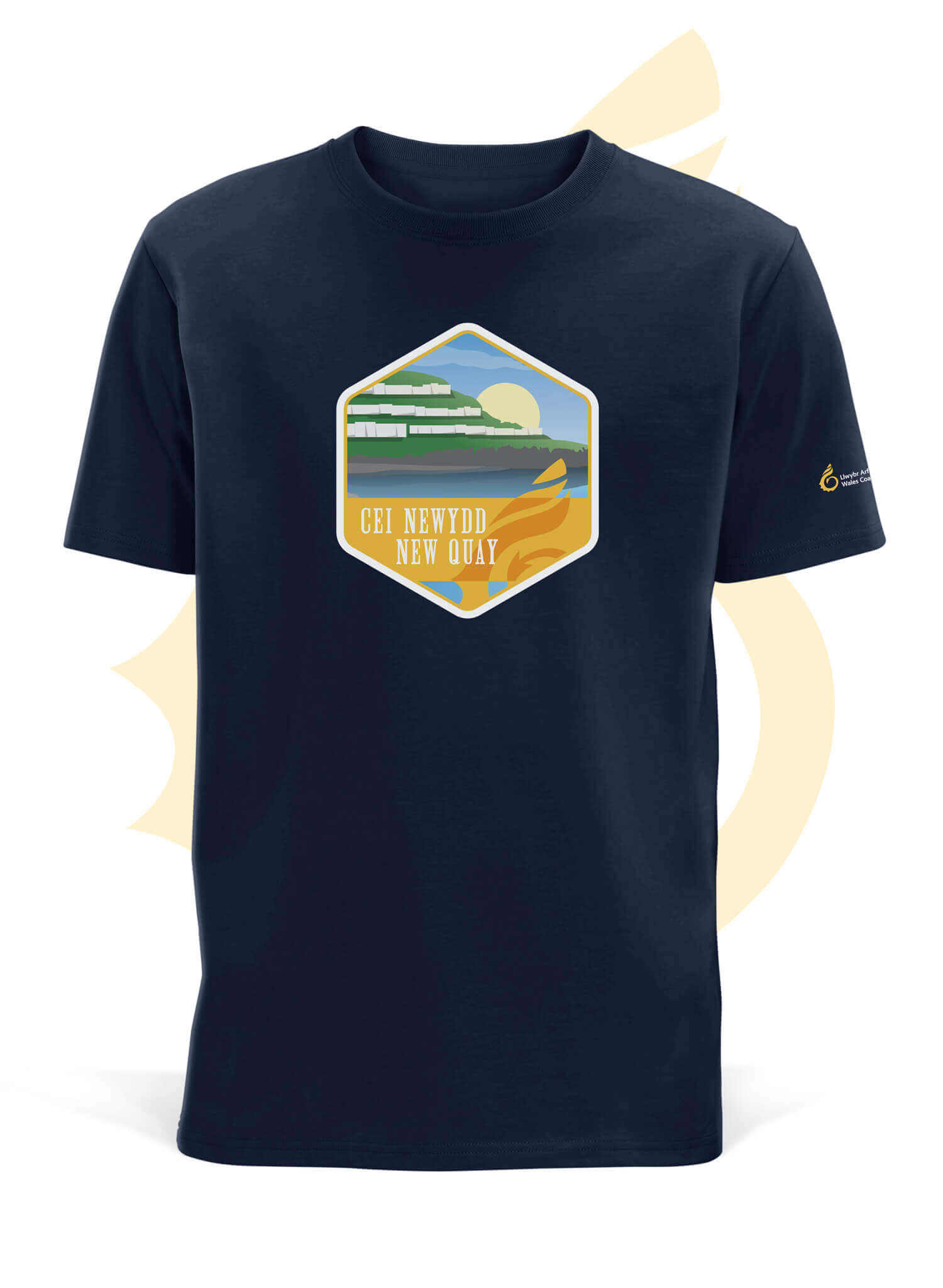 Wales Coast Path navy organic t-shirt with New Quay design.