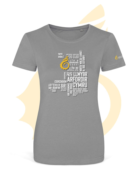 Grey fitted t-shirt featuring place names from the Wales Coast Path.