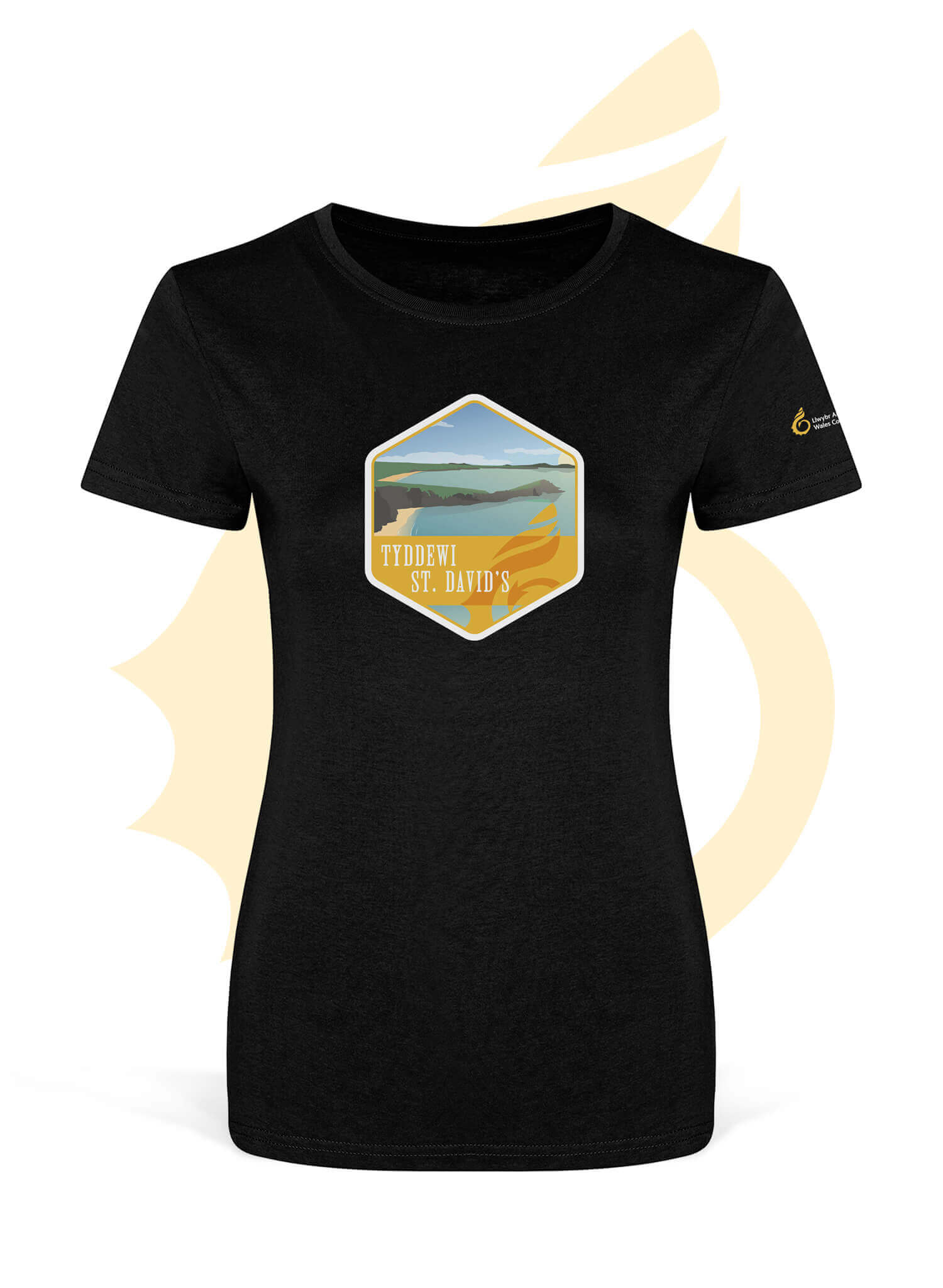 Wales Coast Path black womens organic cotton fitted t-shirt with St. David's design.