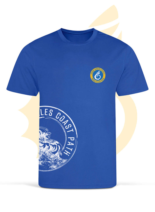 Quick drying royal blue performance t-shirt with Wales Coast Path surf active design.